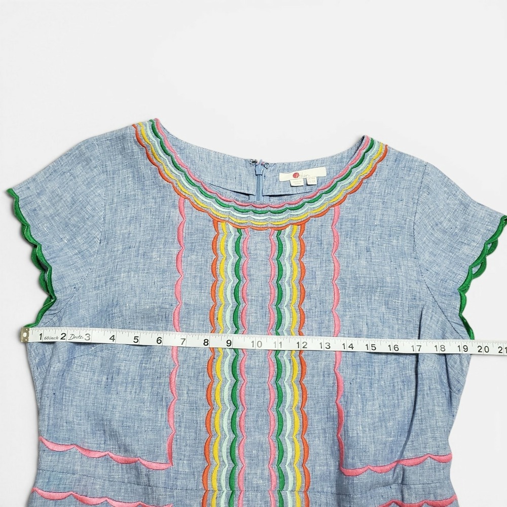 Boden Laura Linen Embroidered Shift Dress Chambray Blue Rainbow Multicolor 10R - Picture 10 of 13
